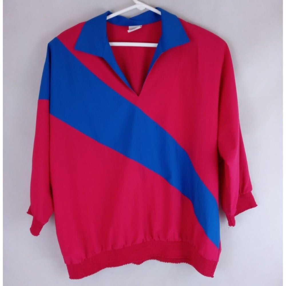 Vintage G.W. Women's Pink & Blue Pullover Shirt Size Large 100% Polyester